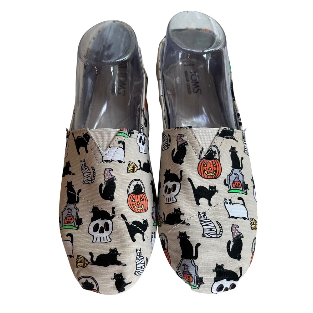TOMS Halloween Black Cat Pumpkin Skull Canvas Alpargata Slip On Flats Shoes 8.5